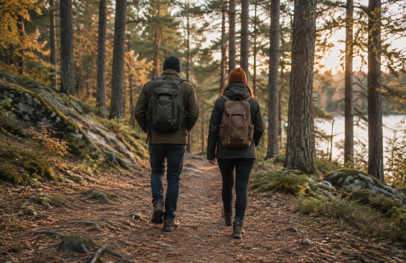 Zwei Menschen gehen nebeneinander auf einem Waldweg